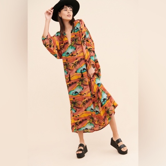 Chufy Anthropologie Made in India Orange Camel Desert Oasis Kaftan Maxi Dress - Picture 4 of 16